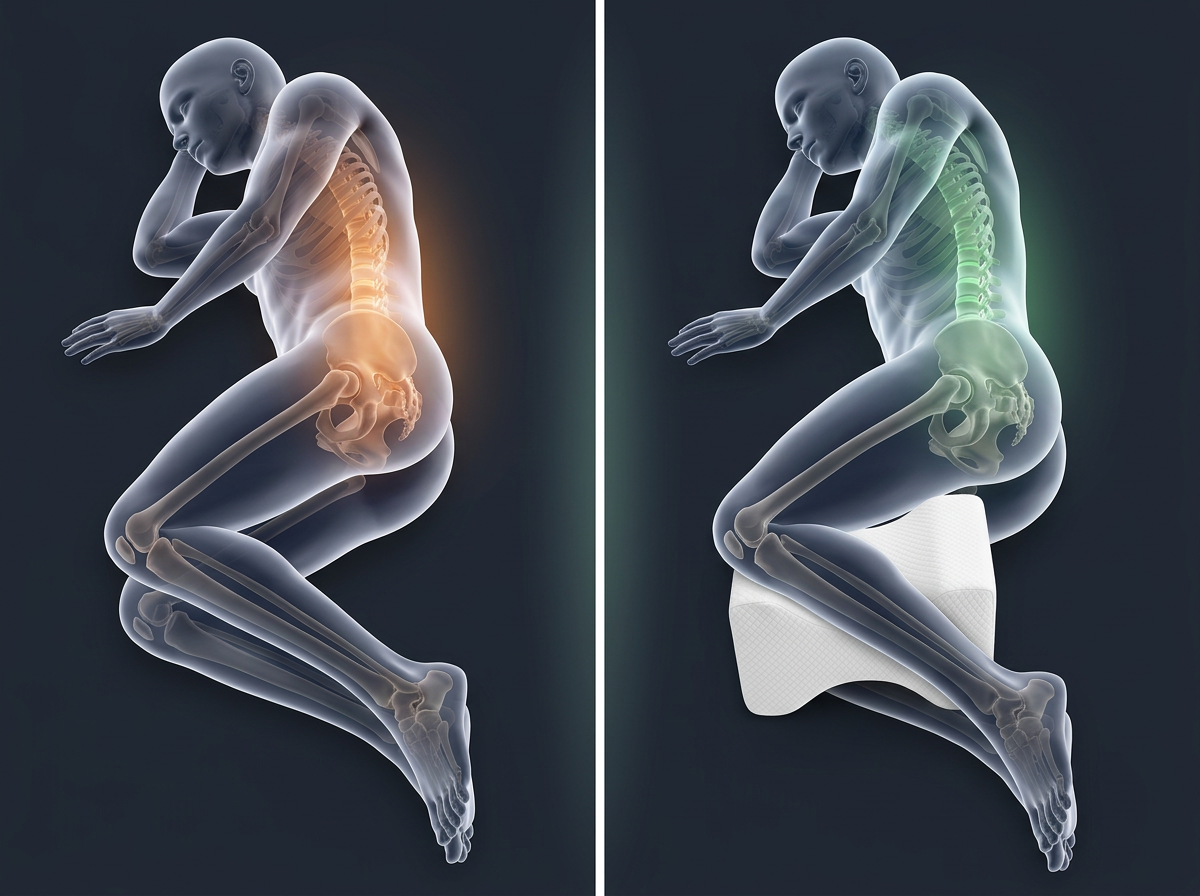 Side sleeper without and with the knee pillow: twisted spine vs. neutral alignment